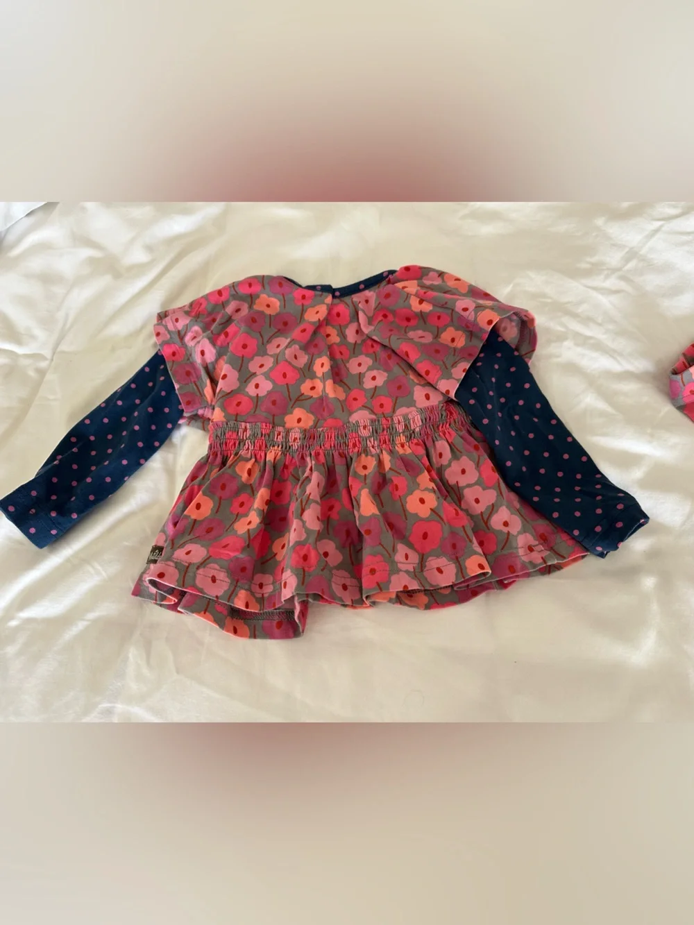 Matilda Jane Pink Floral Top and Ruffle Hem Leggings with Navy Dot Sleeves
